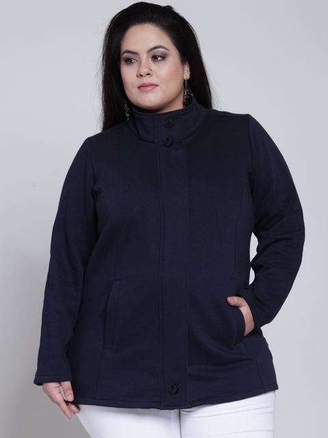 plusS Women Navy Blue Solid Open Front Jacket