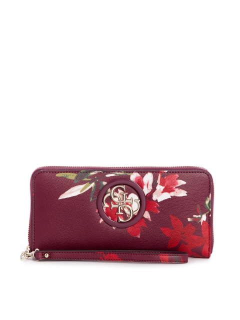 GUESS Women Burgundy Printed Zip Around Wallet