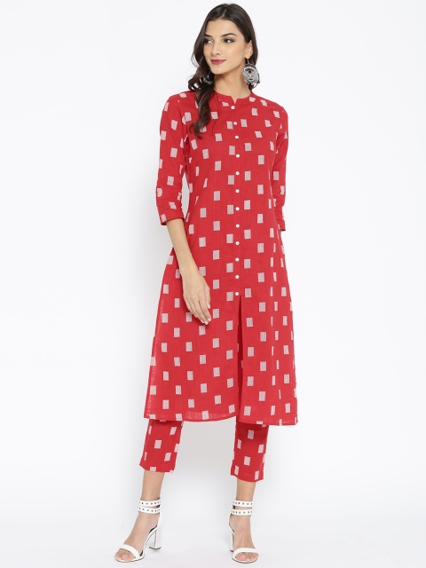 anayna Women Red & White Printed Kurta with Trousers
