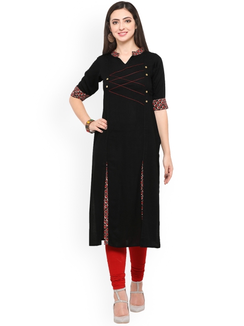 Kvsfab Women Black Solid Straight Kurta