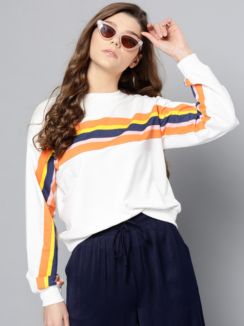 Harpa Women White Solid Sweatshirt with Striped Detail
Harpa Women White Solid Sweatshirt with Striped Detail