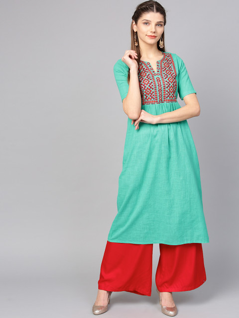 Jaipur Kurti Women Green Yoke Design A-Line Kurta 
Jaipur Kurti Women Green Yoke Design A-Line Kurta