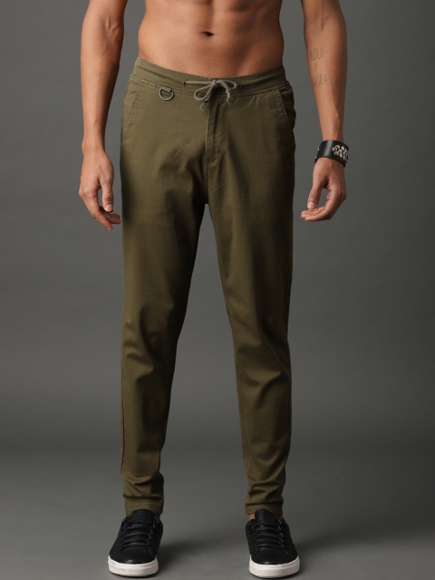 Roadster Men Olive Green Regular Fit Solid Trousers