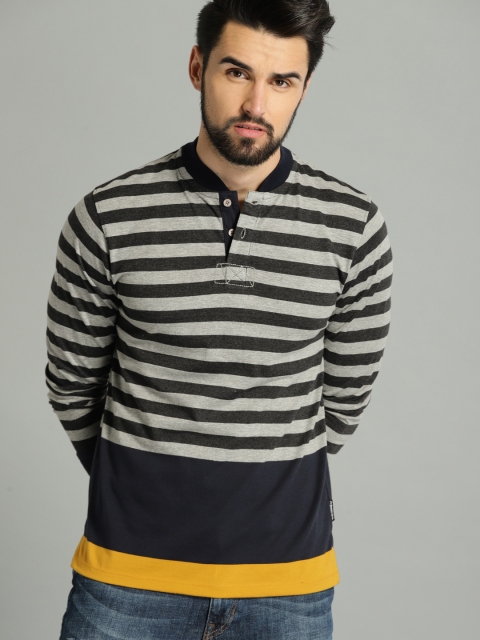 Roadster Men Grey Striped Mandarin Collar T-shirt