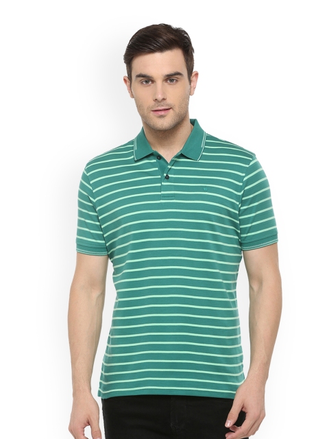 Louis Philippe Men Green Striped Polo Collar T-shirt