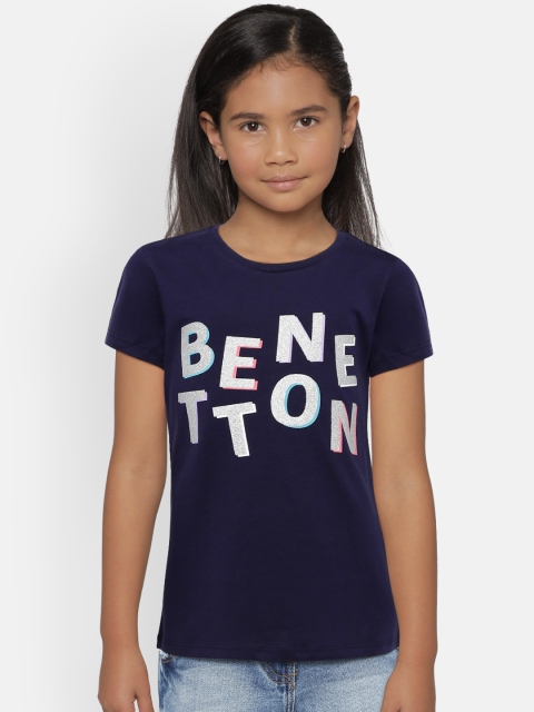 United Colors of Benetton Girls Navy Printed Round Neck T-shirt, Navy blue