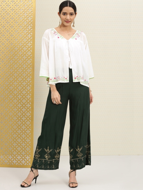 House of Pataudi White Embroidered Tie-Up Shrug