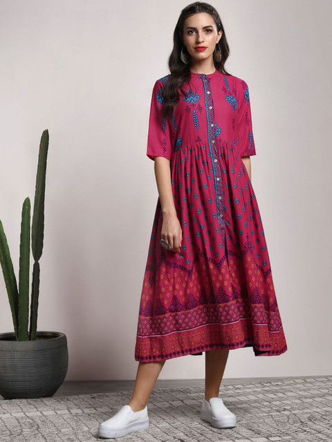 Sangria Magenta Band Collar 3/4th Sleeves Mughal Printed Gathered Anarkali 
Sangria Magenta Band Collar 3/4th Sleeves Mughal Printed Gathered Anarkali