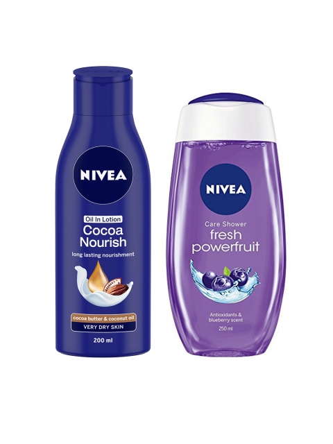 Nivea Unisex Set of Cocoa Nourish Oil Body Lotion & Fresh Powerfruit Shower Gel, Blue
Nivea Unisex Set of Cocoa Nourish Oil Body Lotion & Fresh Powerfruit Shower Gel, Blue