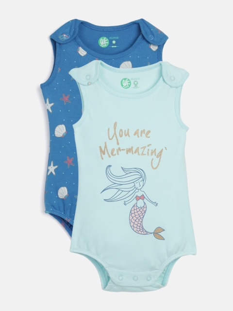 YK Girls Pack of 2 Blue Printed Organic Cotton Sustainable Bodysuits