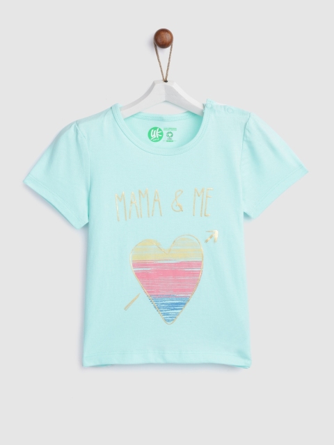 YK Infant Girls Blue Printed Round Neck Organic Cotton Sustainable Top