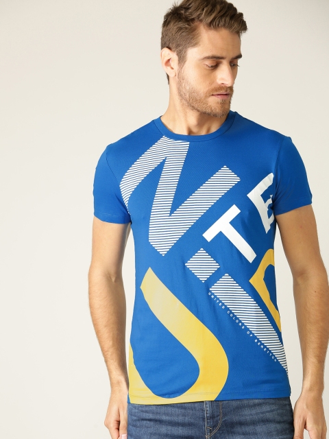 United Colors of Benetton Men Blue Printed Round Neck T-shirt