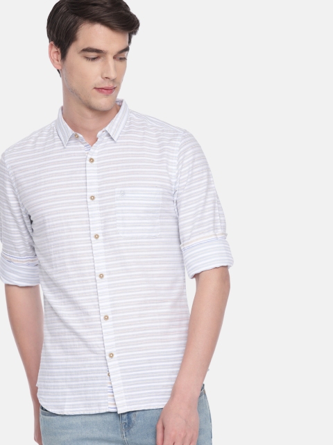 United Colors of Benetton Men White & Blue Regular Fit Striped Casual Shirt
