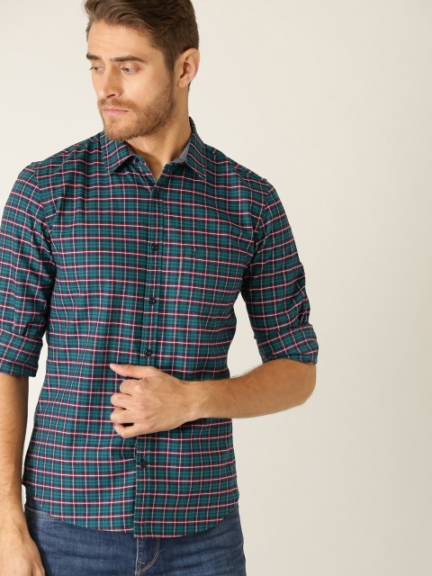 United Colors of Benetton Men Teal Green & Red Slim Fit Checked Casual Shirt
