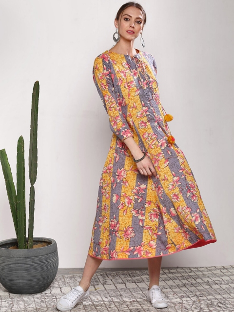 Sangria Women Yellow & Blue Printed A-Line Dress
