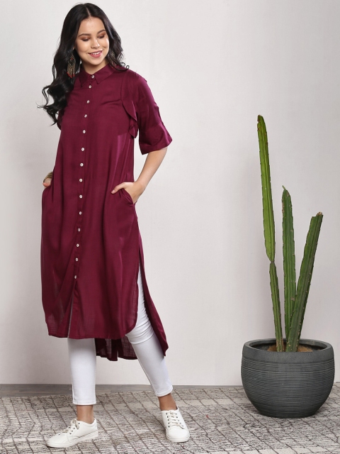 Sangria Women Maroon Solid Straight Kurta
