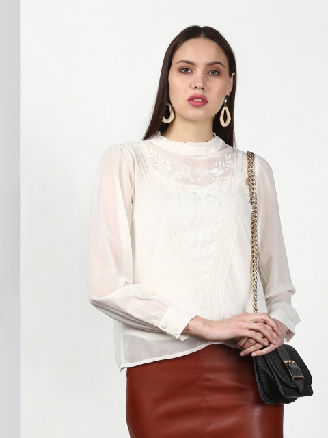 Miss Bennett Off-White Self-Design Styled Back Top