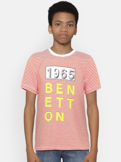 United Colors of Benetton Boys Orange & White Striped Round Neck T-shirt