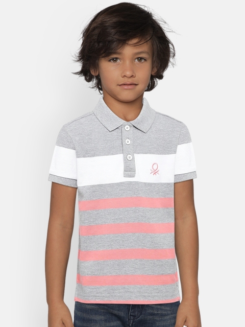 United Colors of Benetton Boys Grey Melange & Pink Striped Polo Collar T-shirt