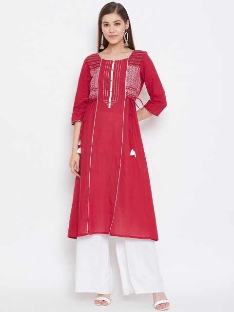 AURELIA Women Red & White Woven Design Detail A-Line Kurta