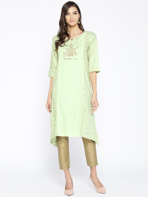 AURELIA Women Green & Golden Printed A-Line Kurta 
AURELIA Women Green & Golden Printed A-Line Kurta