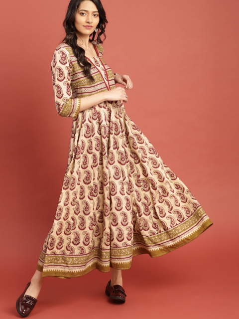 Taavi Women Beige & Maroon Block Print Legacy A-Line Sustainable Kurta with Paneling Detail
Taavi Women Beige & Maroon Block Print Legacy A-Line Sustainable Kurta with Paneling Detail