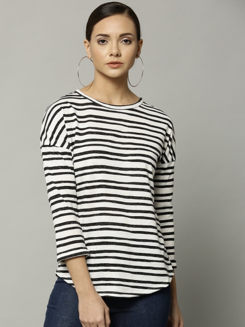 Marks & Spencer Women White & Black Striped T-shirt