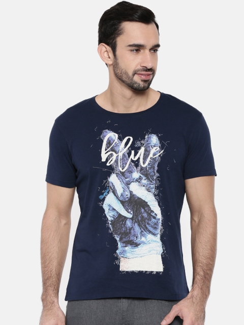 Wrangler Men Navy Printed Round Neck T-shirt, Navy blue