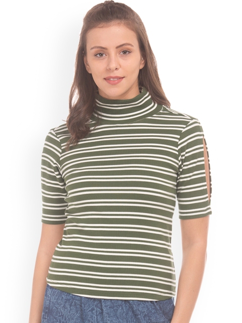 Sugr Women Olive Green & White Striped Top