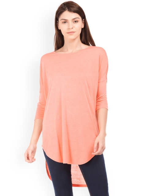 Cherokee Women Coral Pink Solid High-Low Top