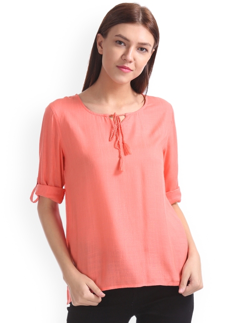 Cherokee Women Coral Pink Solid A-Line Top