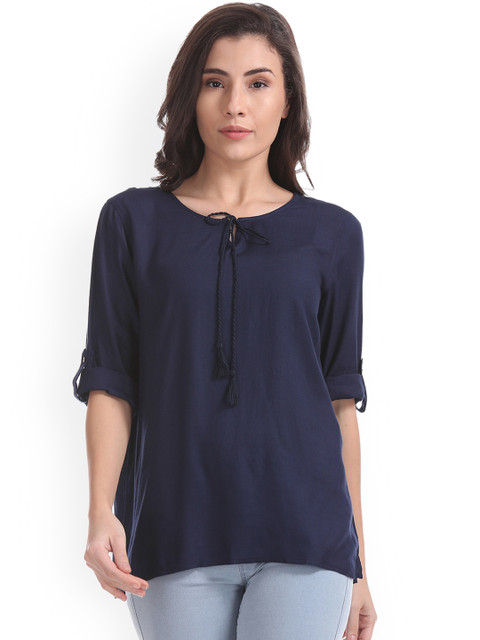 Cherokee Women Navy Blue Solid A-Line Top 
Cherokee Women Navy Blue Solid A-Line Top