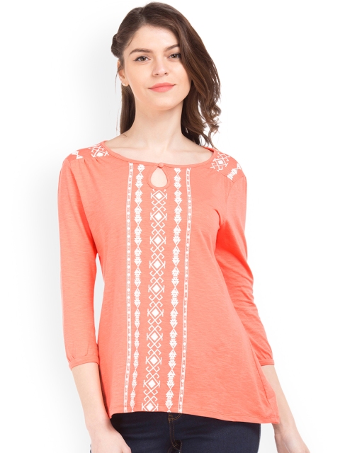 Cherokee Women Coral Orange Printed Pure Cotton Top