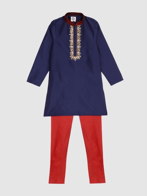 YK Boys Navy Blue & Red Solid Kurta with Pyjamas