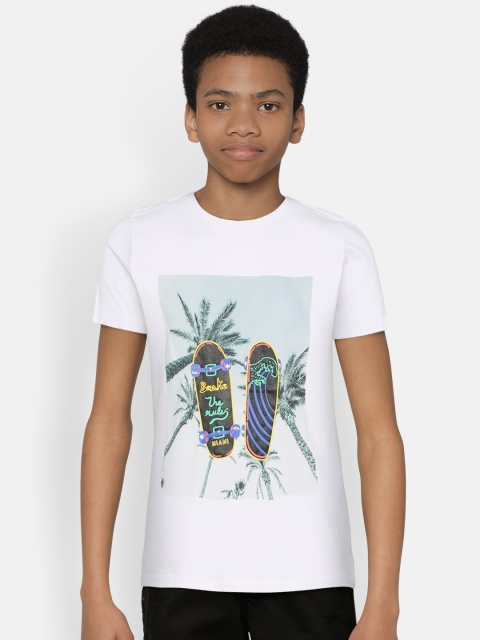 Indian Terrain Boys White Printed Round Neck T-shirt