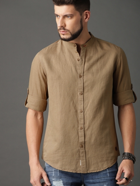 Roadster Men Khaki Regular Fit Solid Linen Casual Shirt
