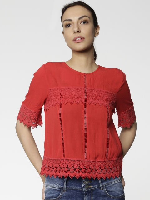 ONLY Women Red Self Design Top