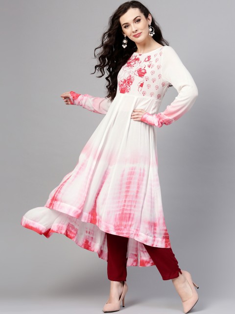 Pannkh Women White & Pink Block Print Dyed A-Line Kurta