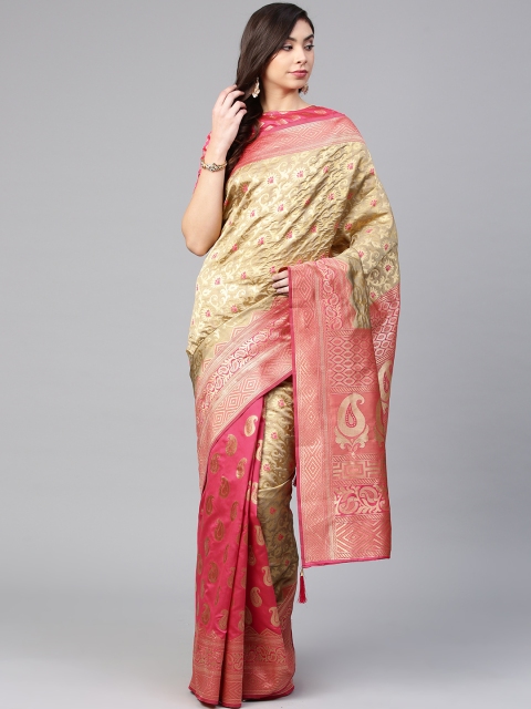 Inddus Women Beige & Pink Woven Design Half & Half Banarasi Saree