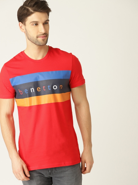 United Colors of Benetton Men Red Striped Round Neck T-shirt