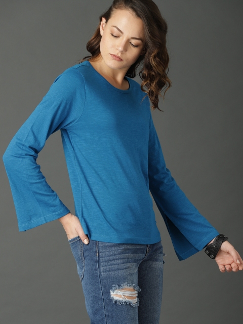Roadster Women Blue Solid Top With Flared Sleeve