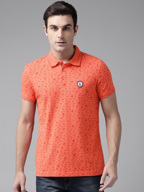 SPYKAR Men Coral Orange Red Printed Polo Collar Pure Cotton T-shirt