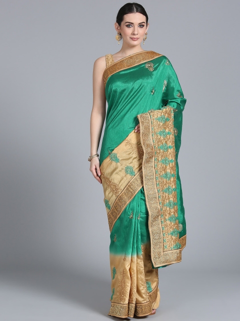 Chhabra 555 Green & Beige Zari Embroidered Chanderi Saree