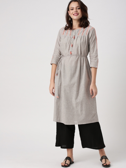 IMARA Women White & Black Striped A-Line Kurta
