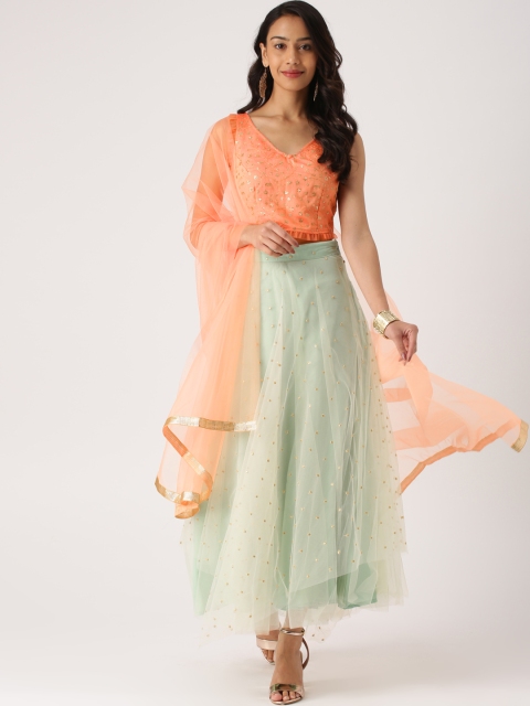 IMARA Peach-Coloured & Green Embellished Ready to Wear Lehenga & Blouse with Dupatta
IMARA Peach-Coloured & Green Embellished Ready to Wear Lehenga & Blouse with Dupatta