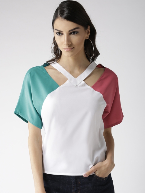 Popnetic Women White & Pink Colourblocked Top