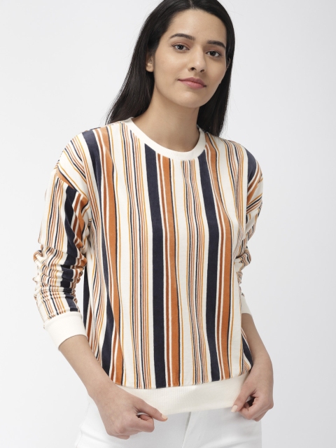 FOREVER 21 Women Cream-Coloured & Navy Blue Striped Lightweight Velvet Sweatshirt