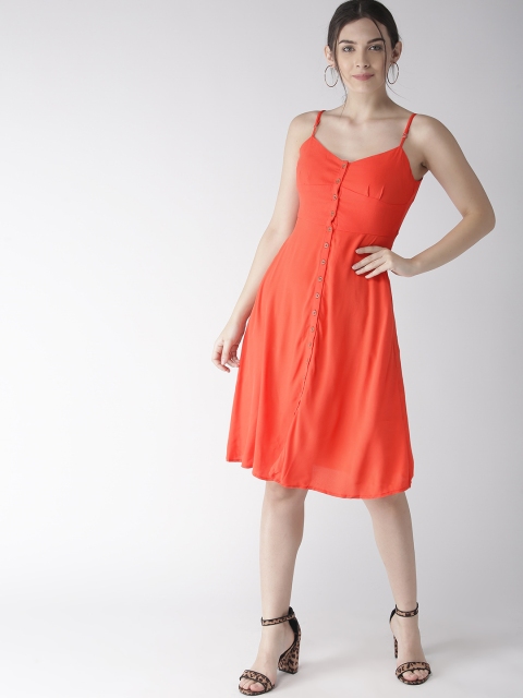 FOREVER 21 Women Coral Orange Solid Fit and Flare Dress