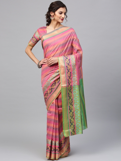 Saree mall Pink & Peach-Coloured Striped Banarasi Saree