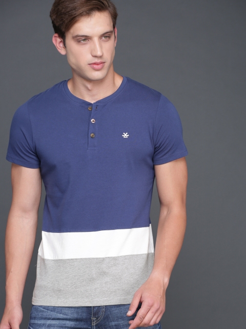 WROGN Men Blue Solid Henley Neck T-shirt